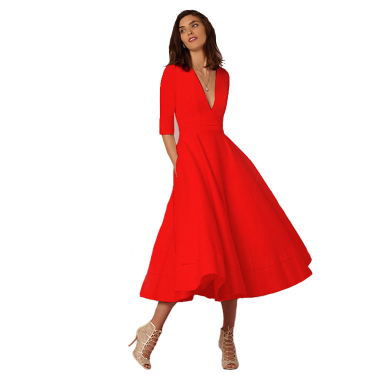 Robe de soirée sexy pour femme col V profond manches longues