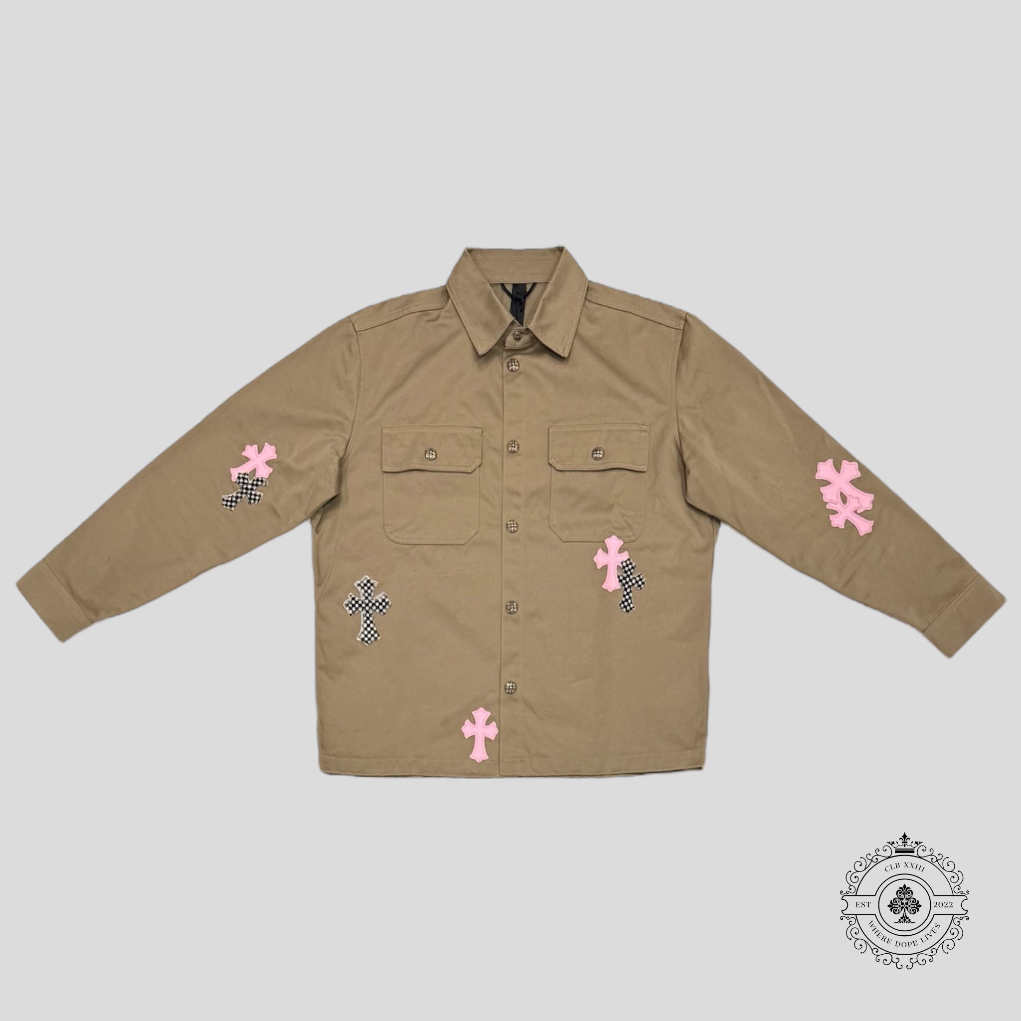 Chrome Hearts Cross Patch Work Dog Shirt in Tan/Pink