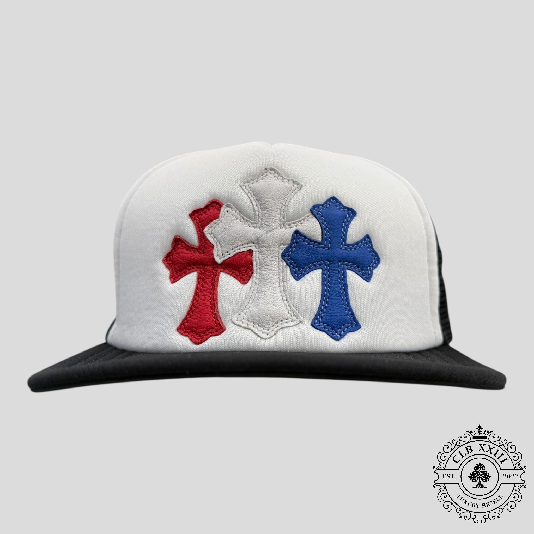 Chrome Hearts Triple Cross Trucker Hat in White/Red/Blue