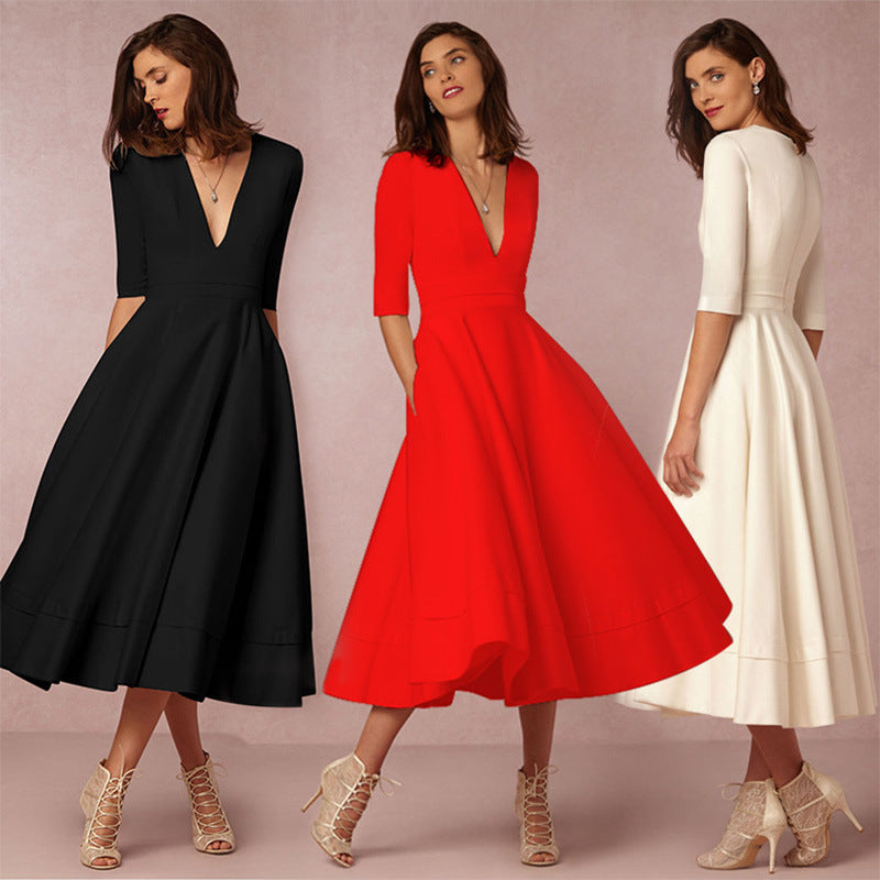 Robe de soirée sexy pour femme col V profond manches longues