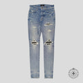 Amiri MX1 Leather Patch Jeans in Light Indigo