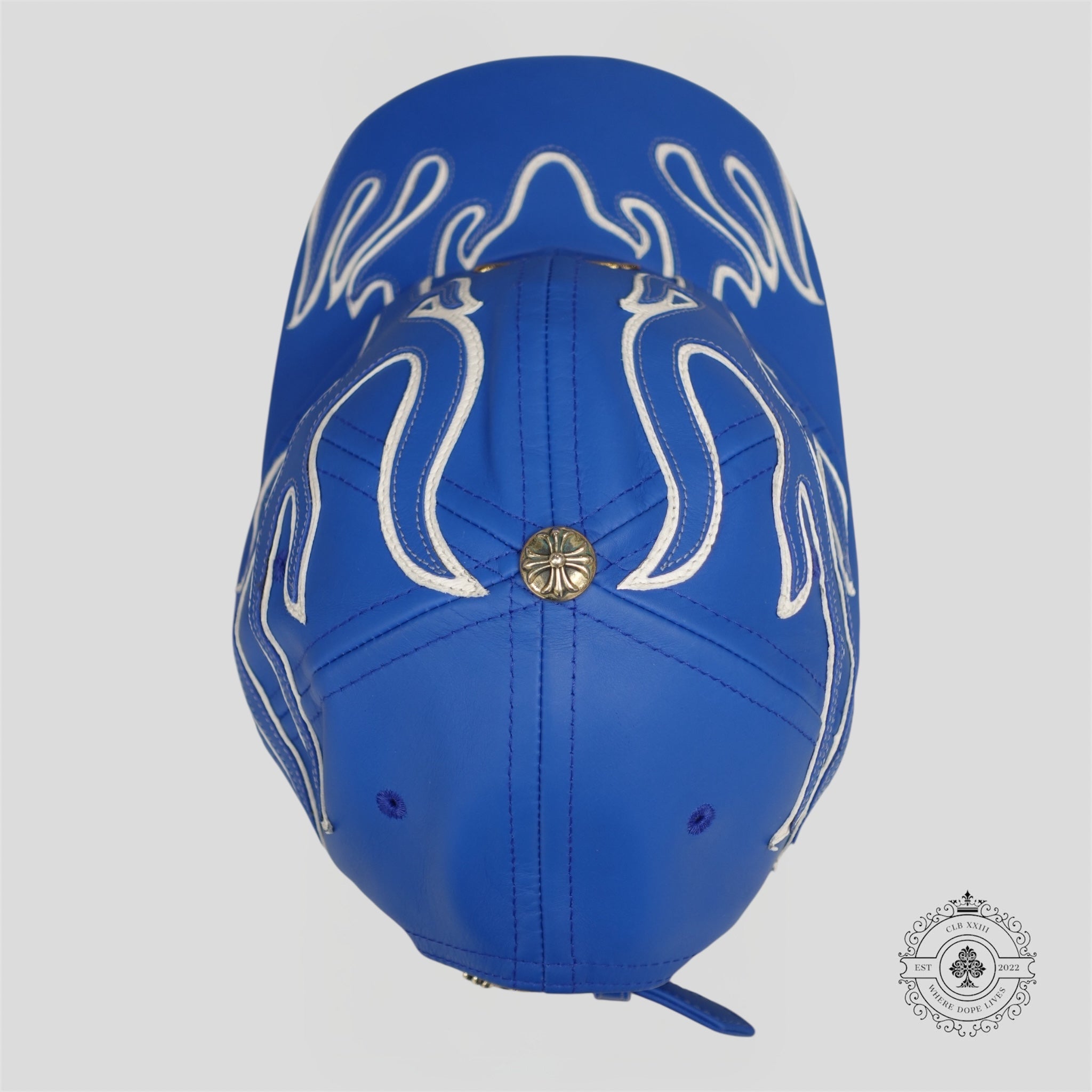 Chrome Hearts Leather Flame Patch 6 Panel Hat in Blue