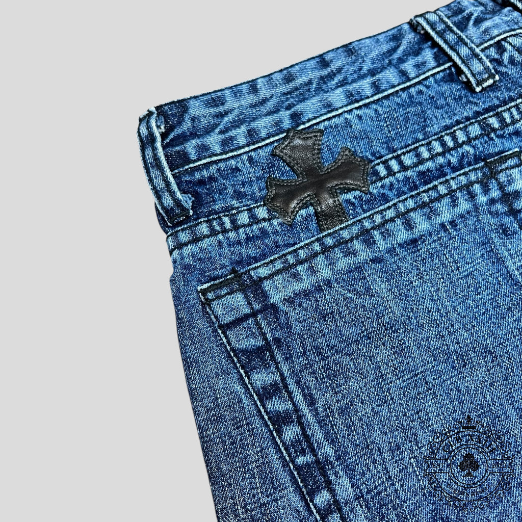 Chrome Hearts Leather Cross Patch Jean Shorts in Dark Wash