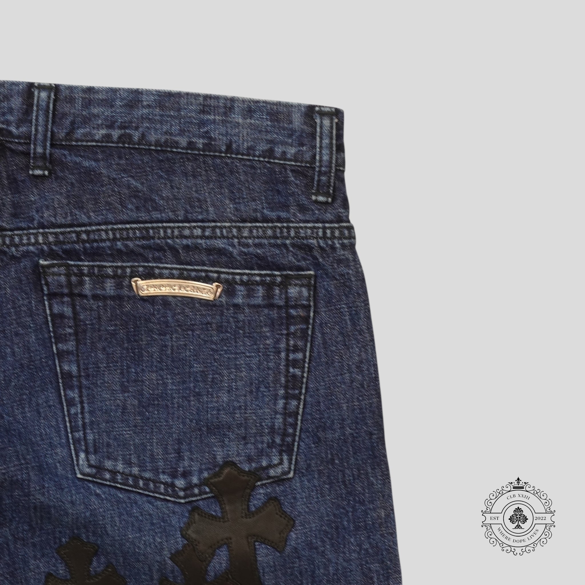 Chrome Hearts Fleur Knee Cross Patch Jeans in Dark Wash/Black