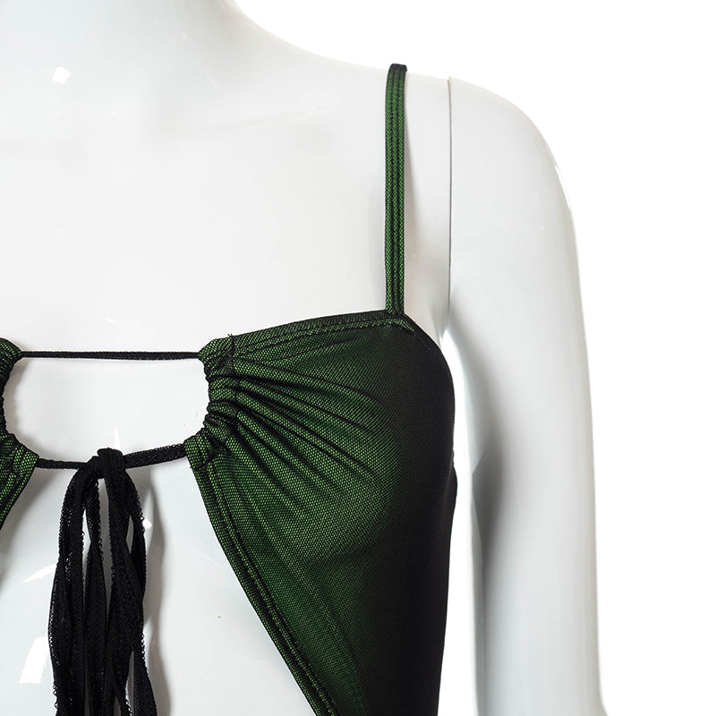 Robe Courte Moulante en Maille Verte à Bretelles Fines et Lacets Froncée Coupe Slim pour Femme