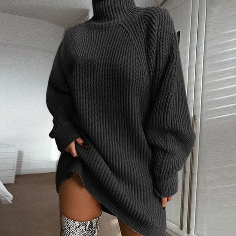 Robe pull en tricot surdimensionnée à col roulé pour femme, couleur unie, manches longues, décontractée, élégante, grande taille