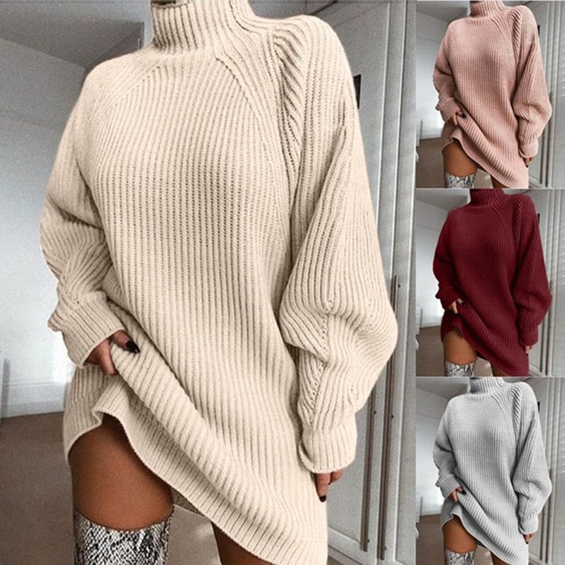Robe pull en tricot surdimensionnée à col roulé pour femme, couleur unie, manches longues, décontractée, élégante, grande taille