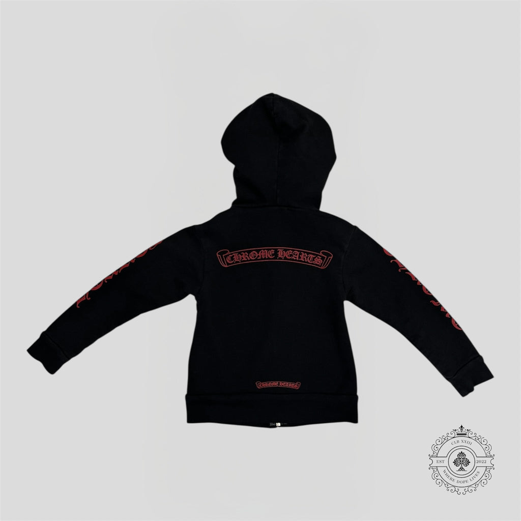 Chrome Hearts Scroll Logo Zip Up Kids Hoodie in Black/Red
