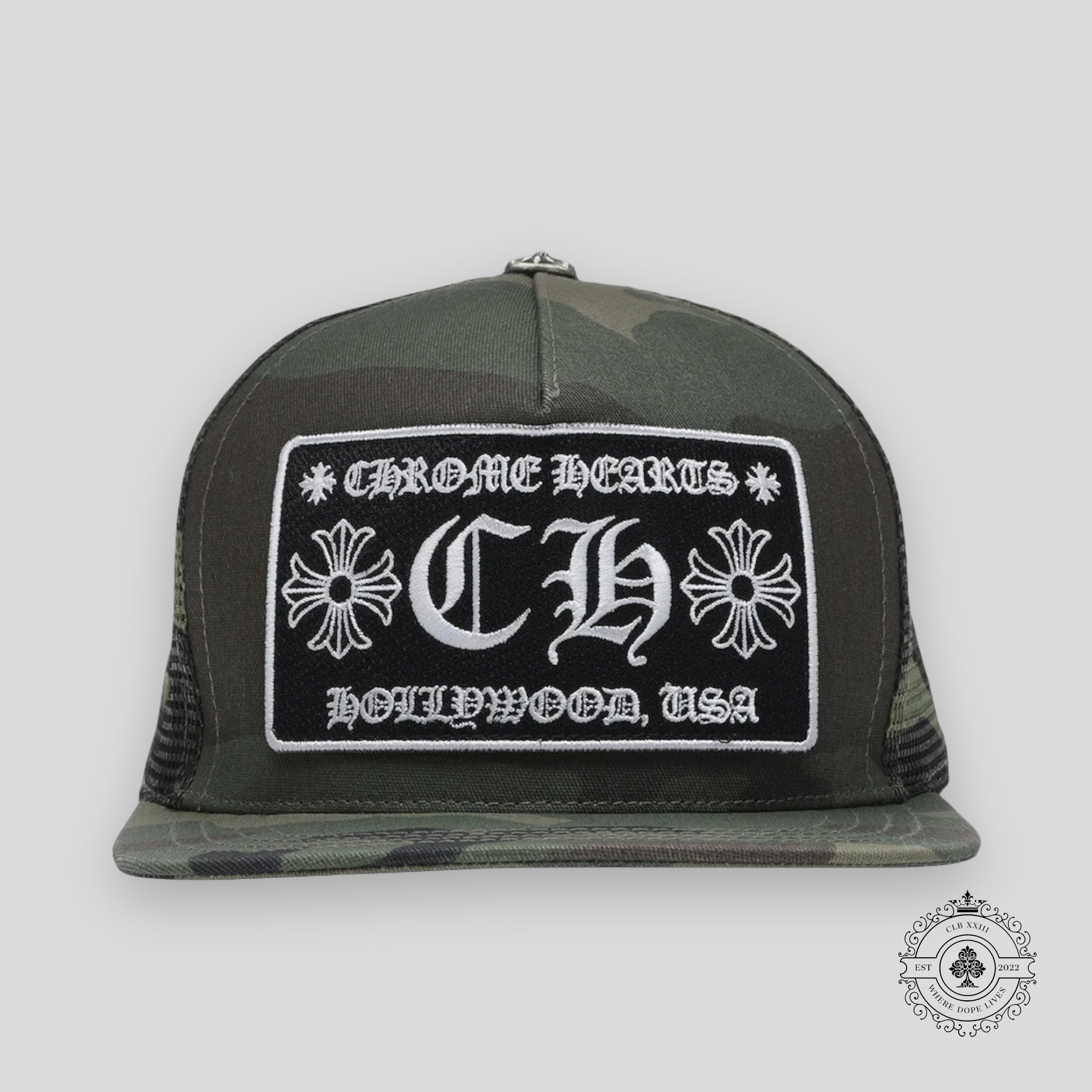 Chrome Hearts CH Patch Hollywood Trucker Hat in Camo