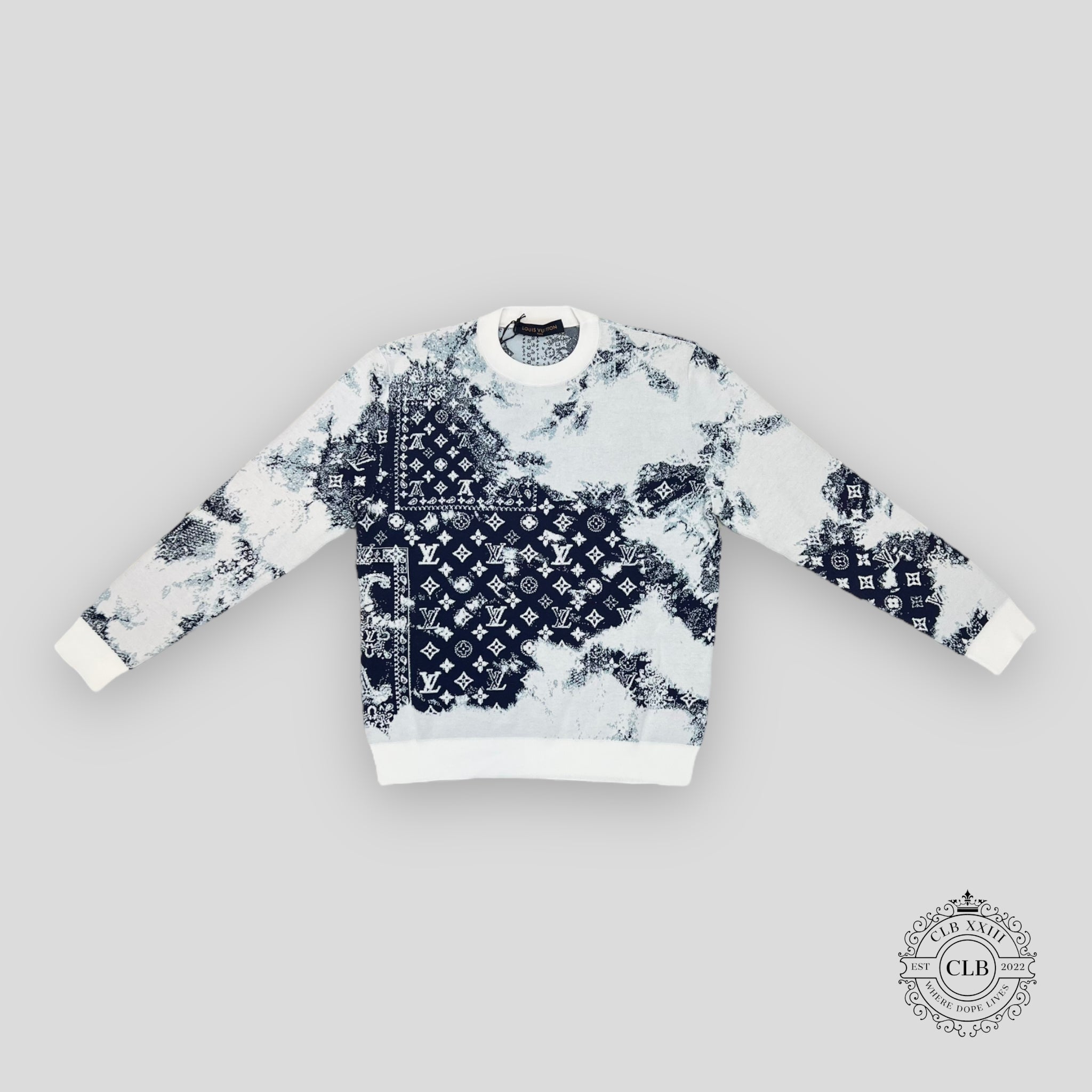 Louis Vuitton Gradient Monogram Bandana Jacquard Crewneck in White/Blue