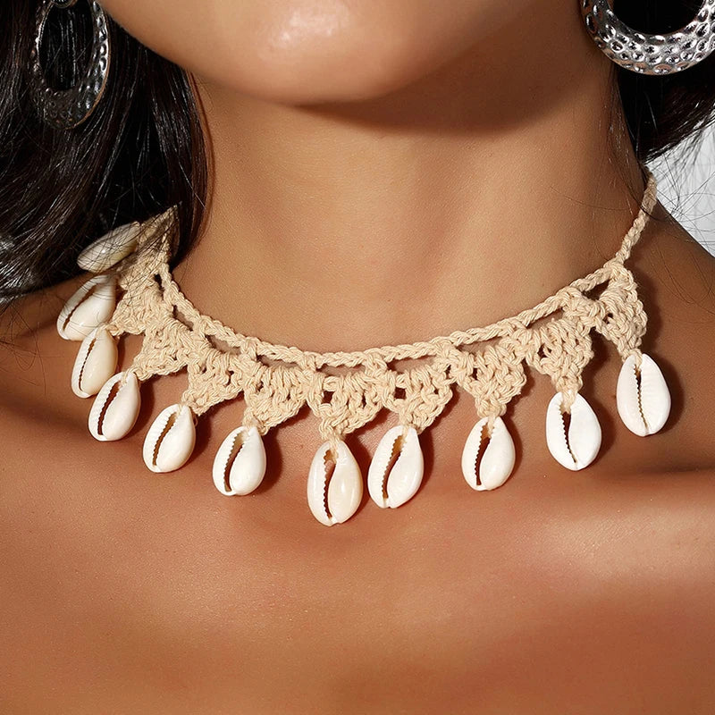 Collier ras du cou coquillage, coquillages cauris naturels, corde ras du cou