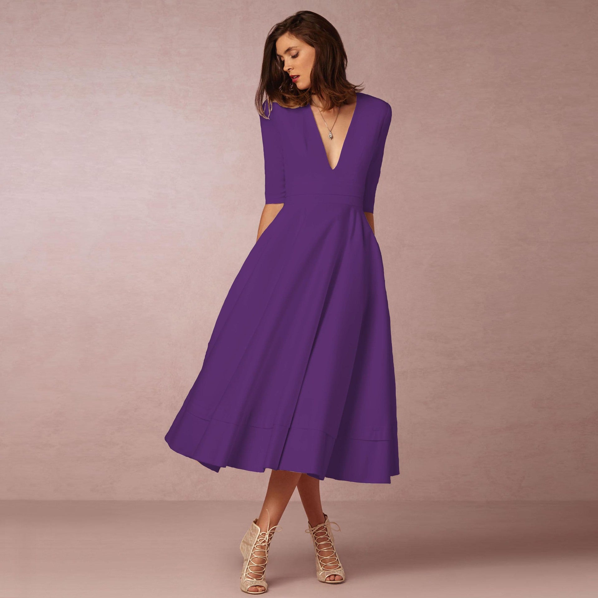 Robe de soirée sexy pour femme col V profond manches longues