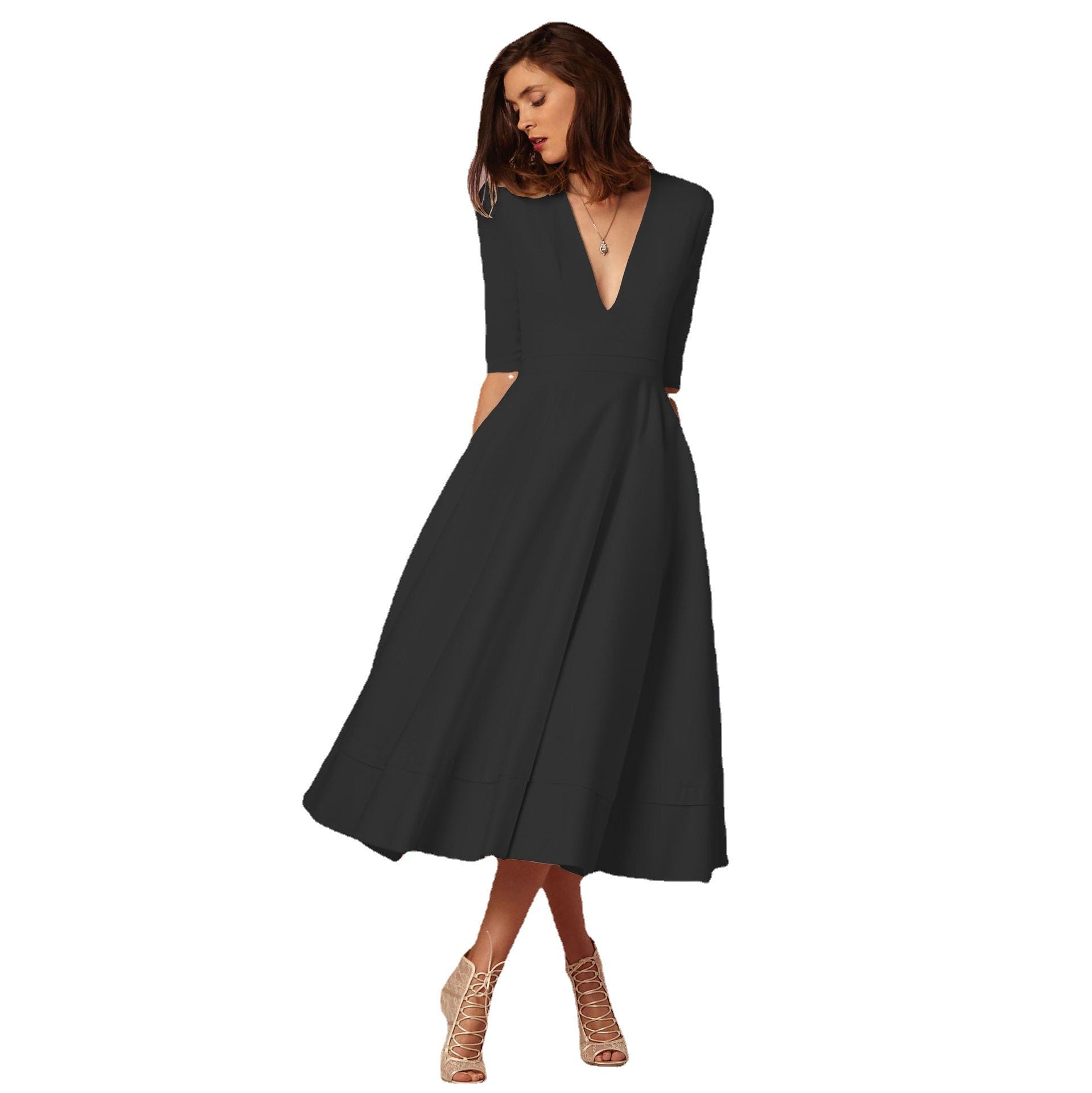 Robe de soirée sexy pour femme col V profond manches longues