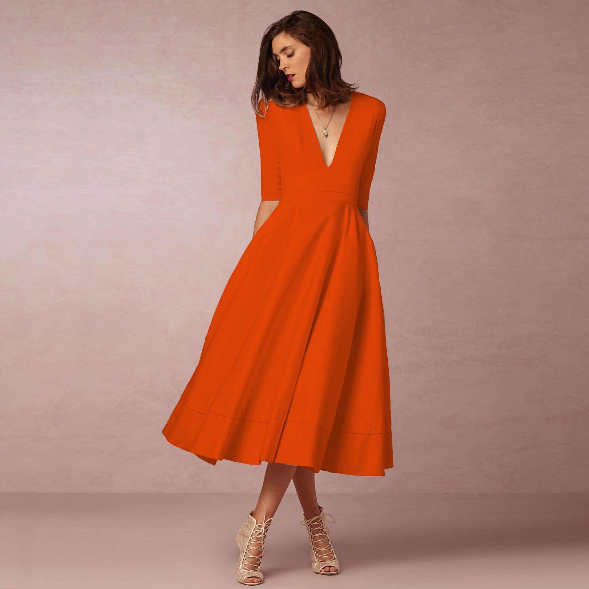 Robe de soirée sexy pour femme col V profond manches longues