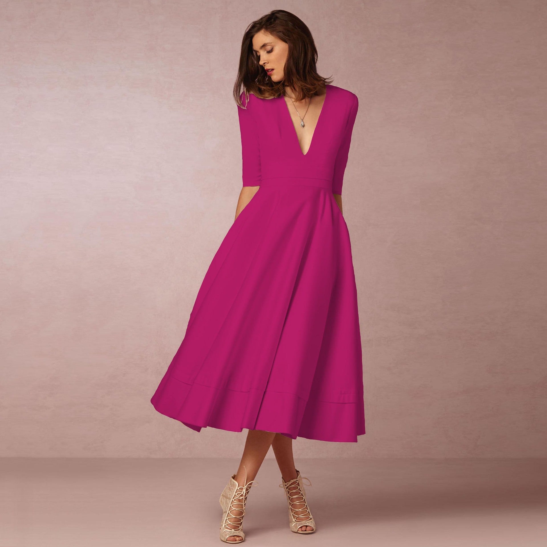 Robe de soirée sexy pour femme col V profond manches longues