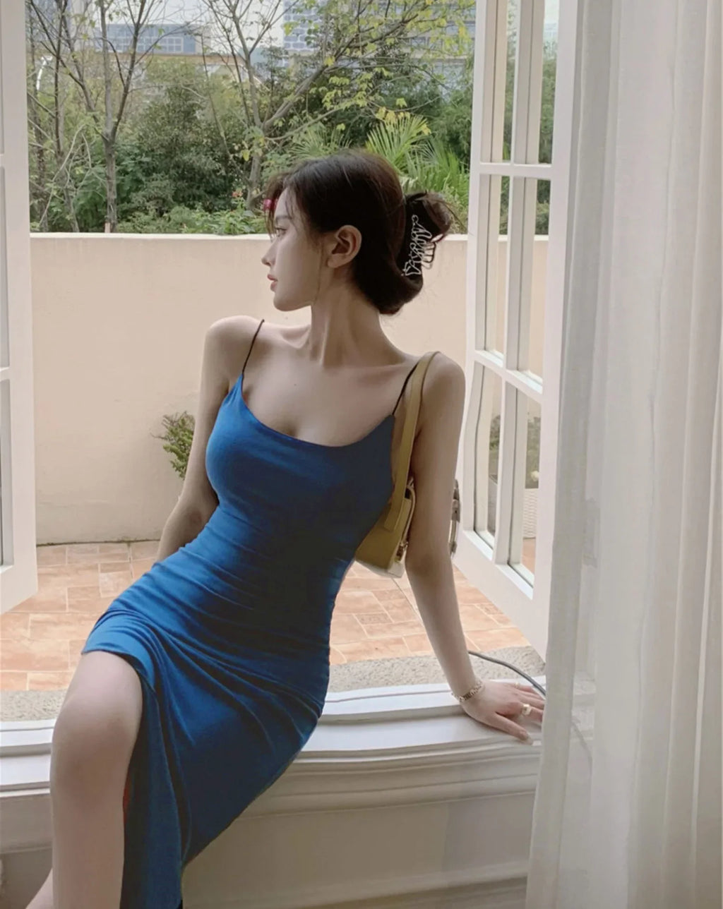 Jupe longue ajustée fendue taille haute pour femme