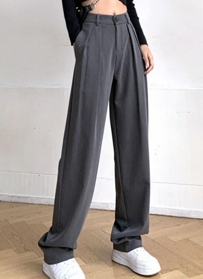 Pantalon long à taille haute boutonnée pour femme, coupe large