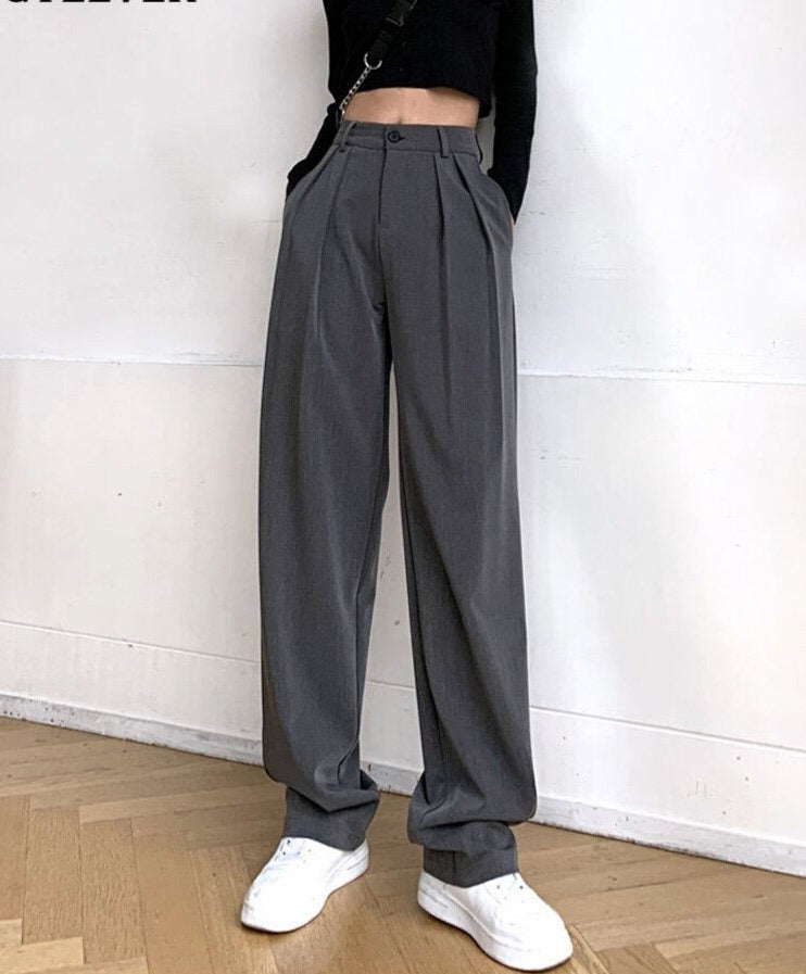 Pantalon long à taille haute boutonnée pour femme, coupe large