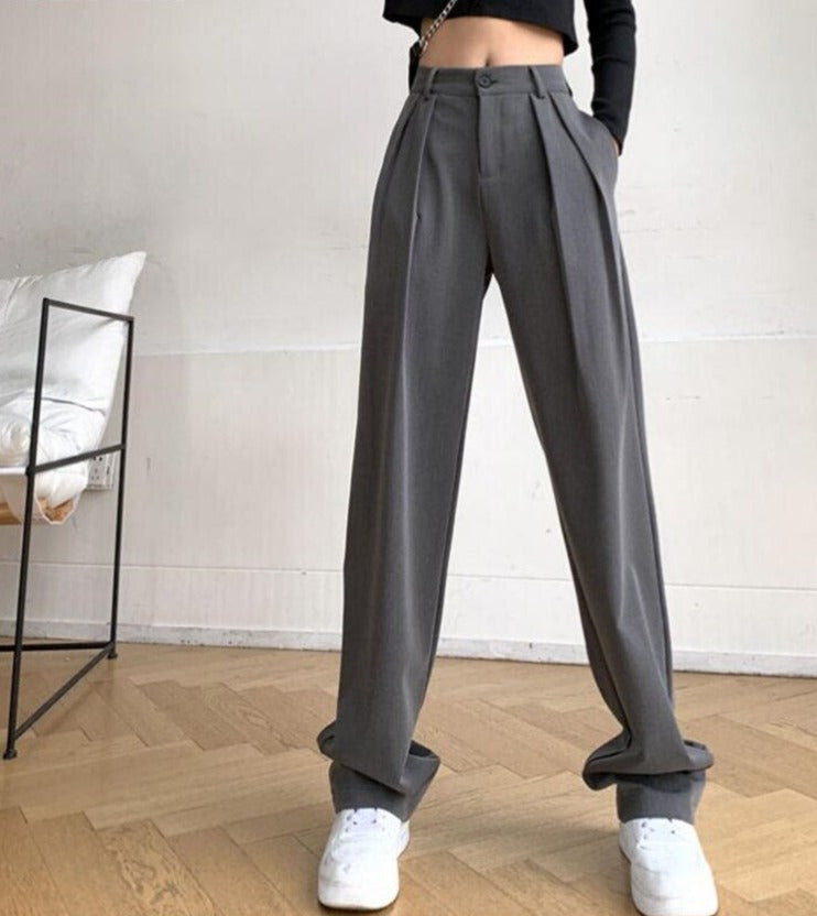 Pantalon long à taille haute boutonnée pour femme, coupe large