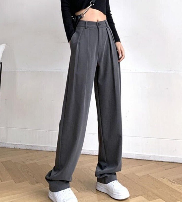 Pantalon long à taille haute boutonnée pour femme, coupe large