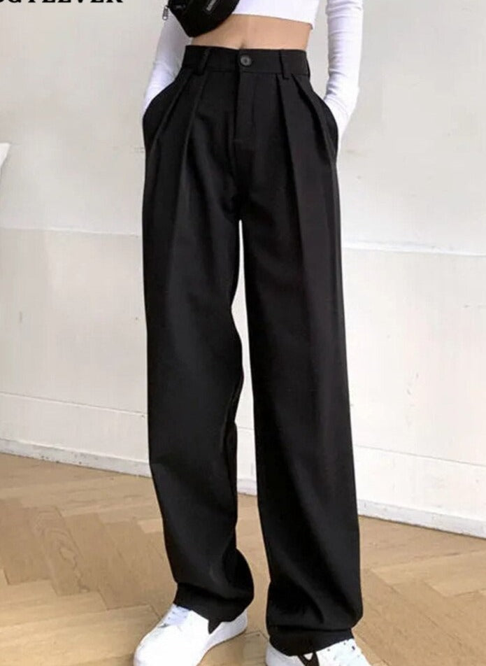 Pantalon long à taille haute boutonnée pour femme, coupe large