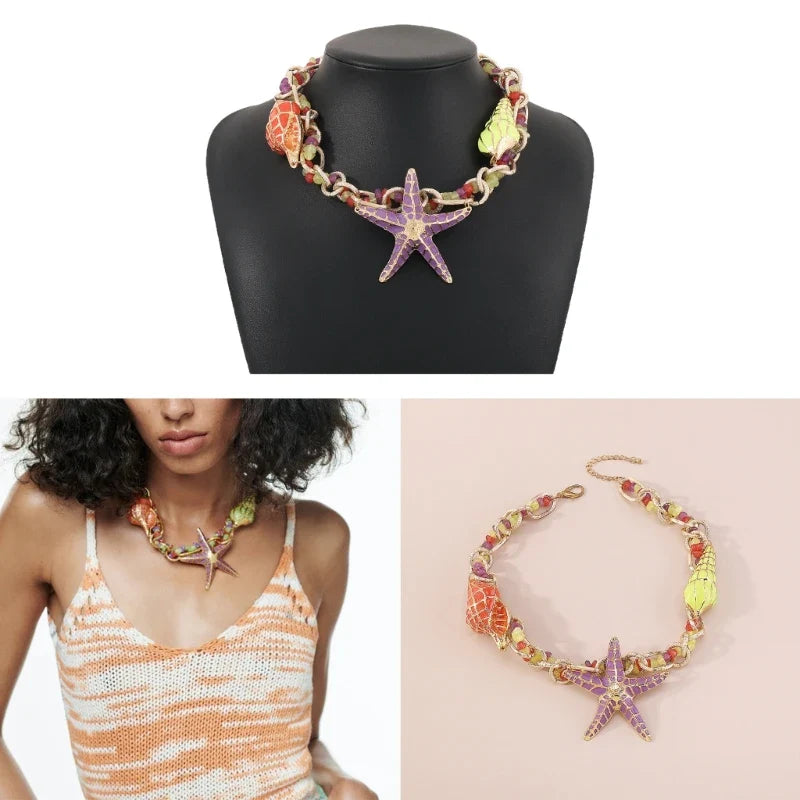 Collier ras-du-cou breloque étoile de mer et coquillage