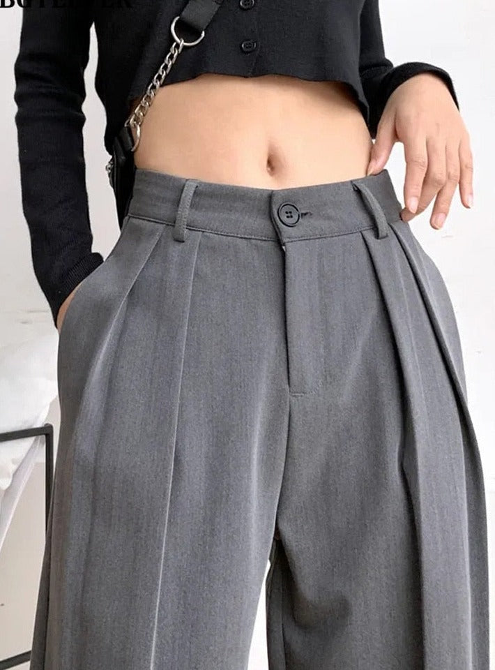 Pantalon long à taille haute boutonnée pour femme, coupe large