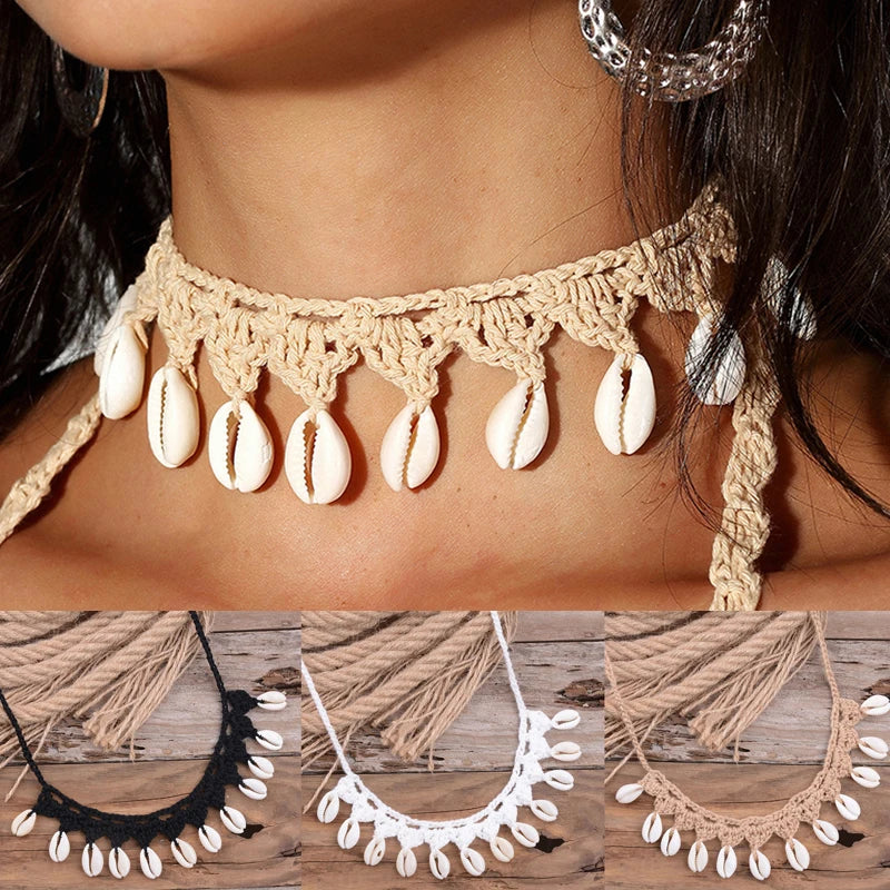 Collier ras du cou coquillage, coquillages cauris naturels, corde ras du cou