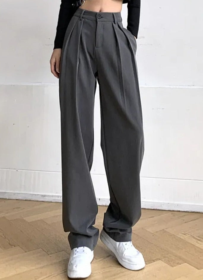 Pantalon long à taille haute boutonnée pour femme, coupe large