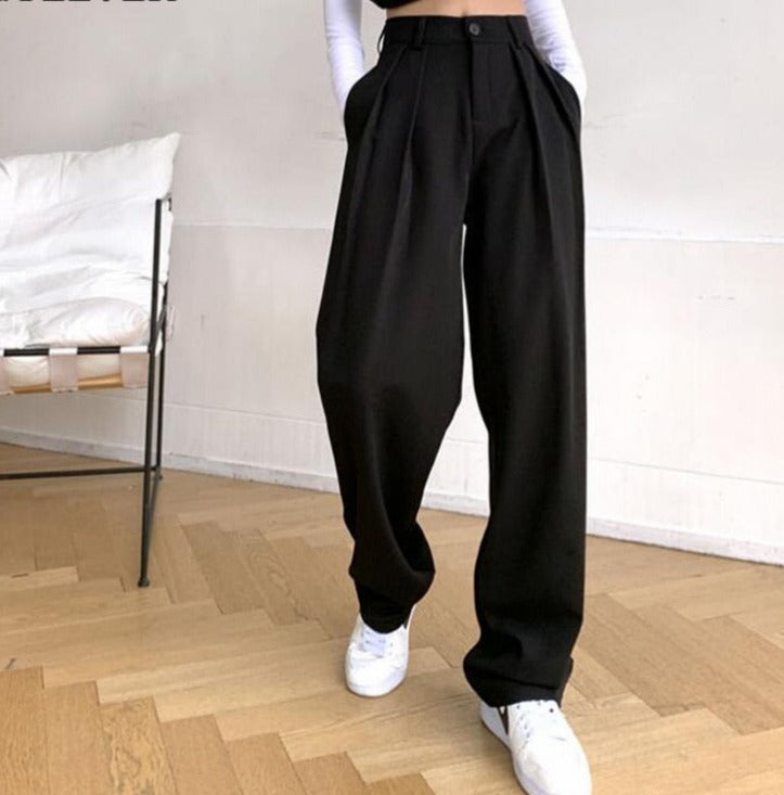 Pantalon long à taille haute boutonnée pour femme, coupe large