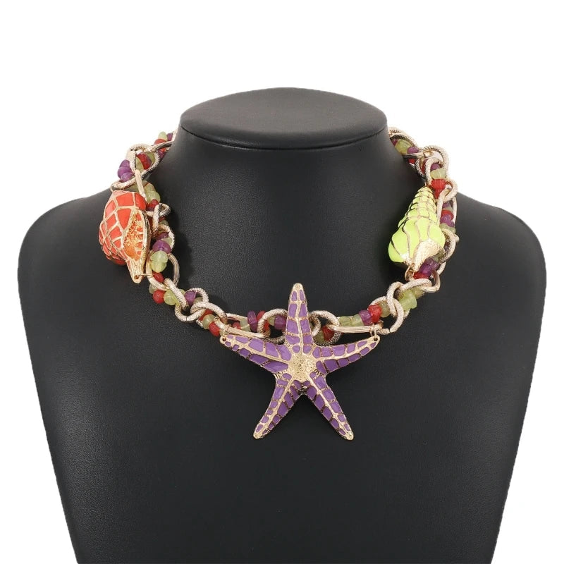 Collier ras-du-cou breloque étoile de mer et coquillage