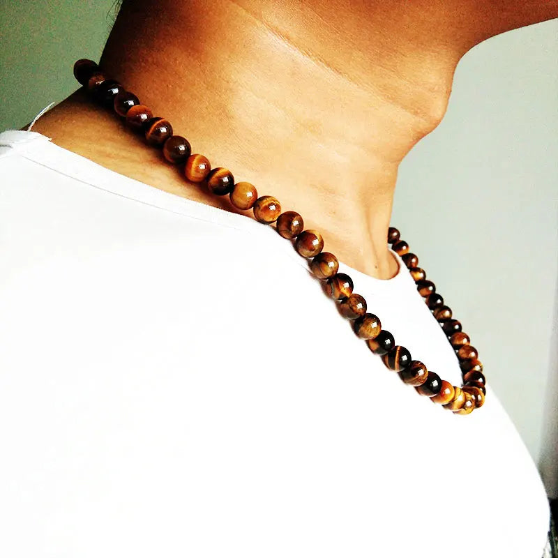 Collier de perles noires Oeil de tigre jaune Collier ras du cou perles de roche