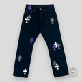 CHROME HEARTS CROSS PATCH  FLEURKNEE JEANS - BLACK / PURPLE