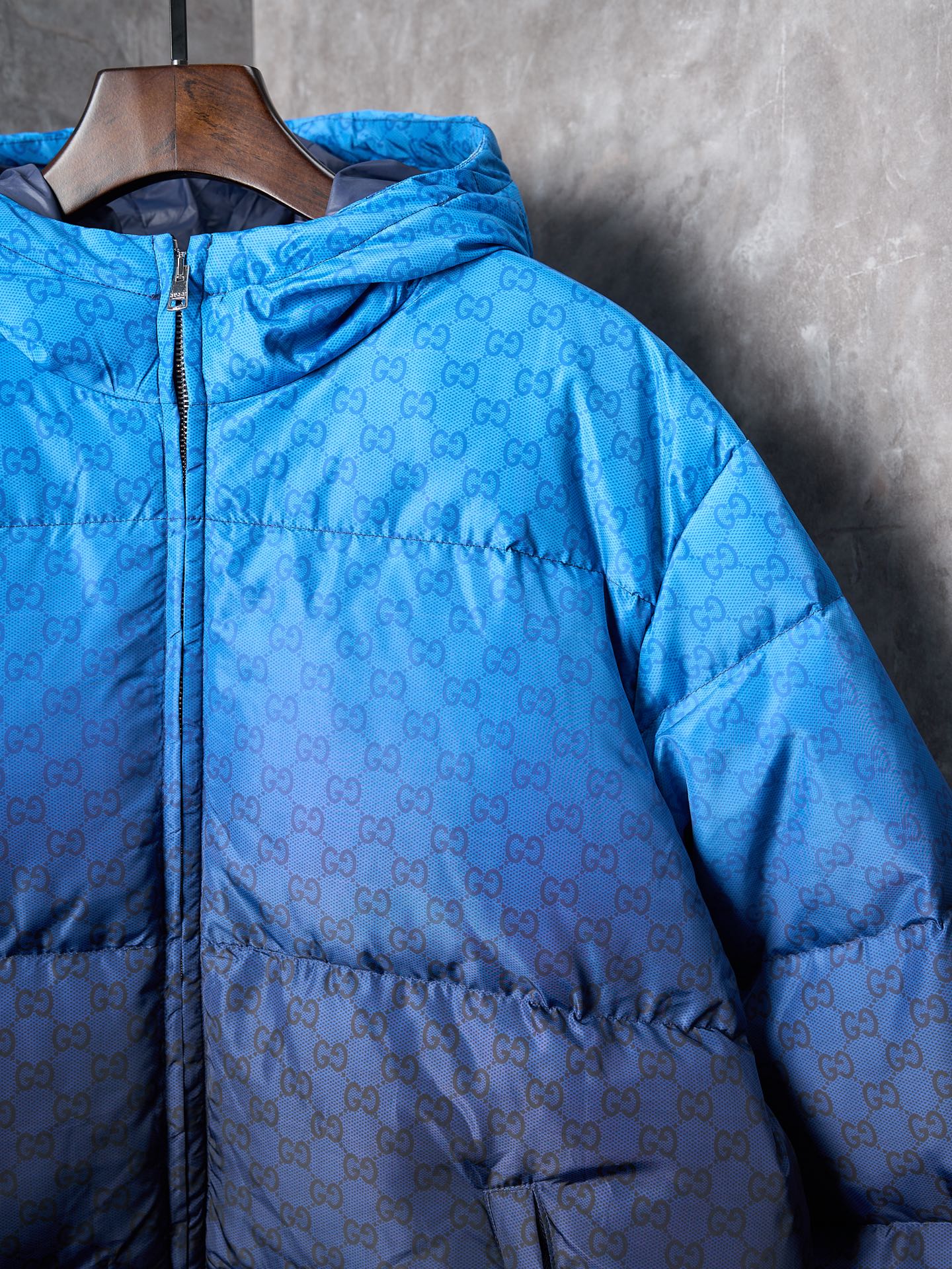 GG print gradient plain weave poplin zip-up hooded down jacket