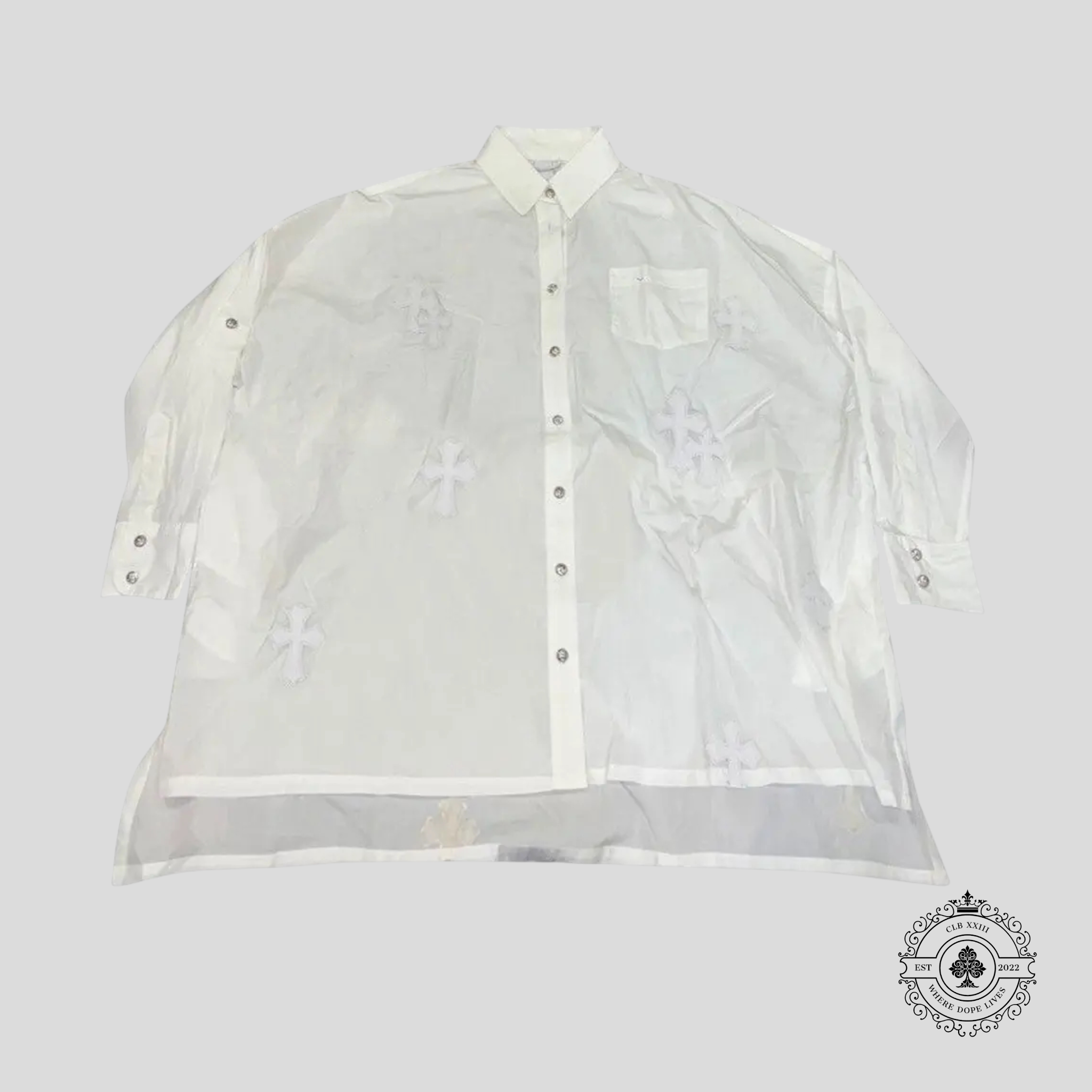 Chrome Hearts Leather Cross Patch Long Sleeve Button Up in White